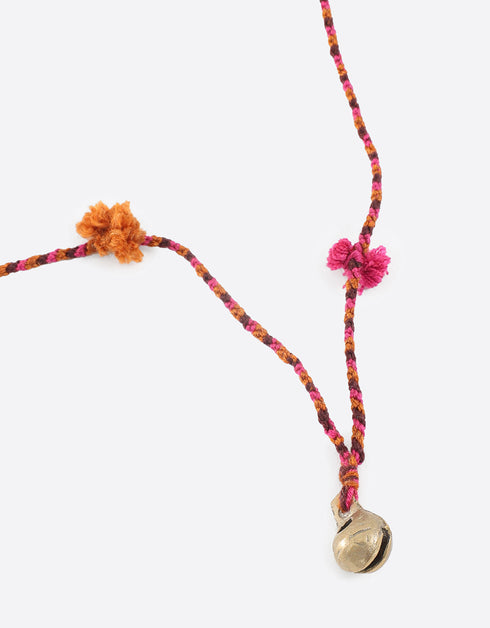 Long 3 colors braided yarn necklace with copper bell pendant and tassels